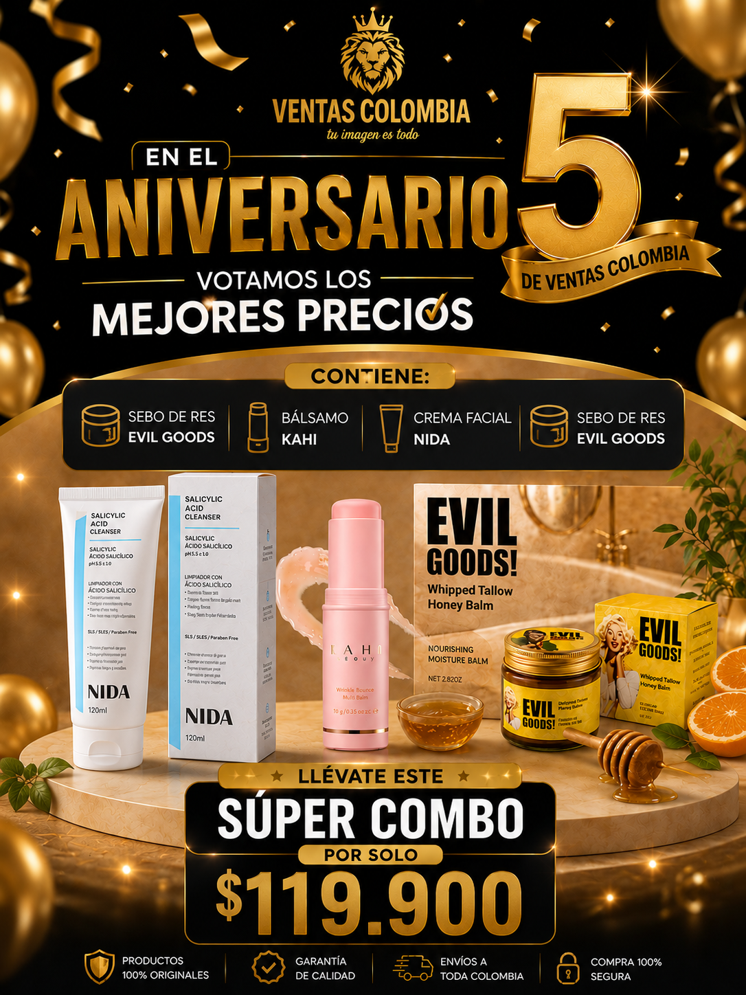 SUPER COMBO DE ANIVERSARIO CREMA NIDA , BALSAMO KAHI Y SEBO DE RES